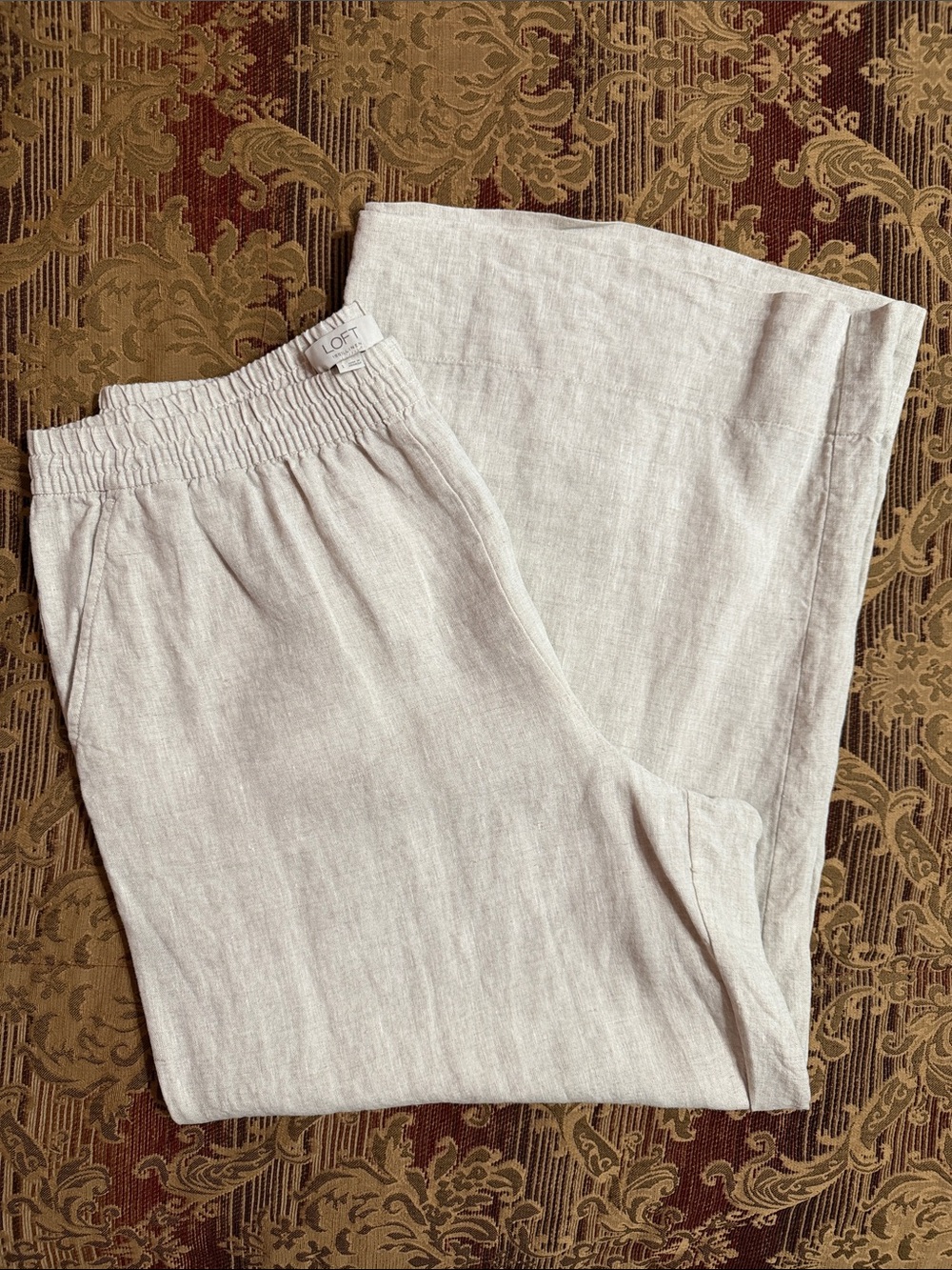 LOFT Cream 100% Linen Pants Size Large Relaxed Fit